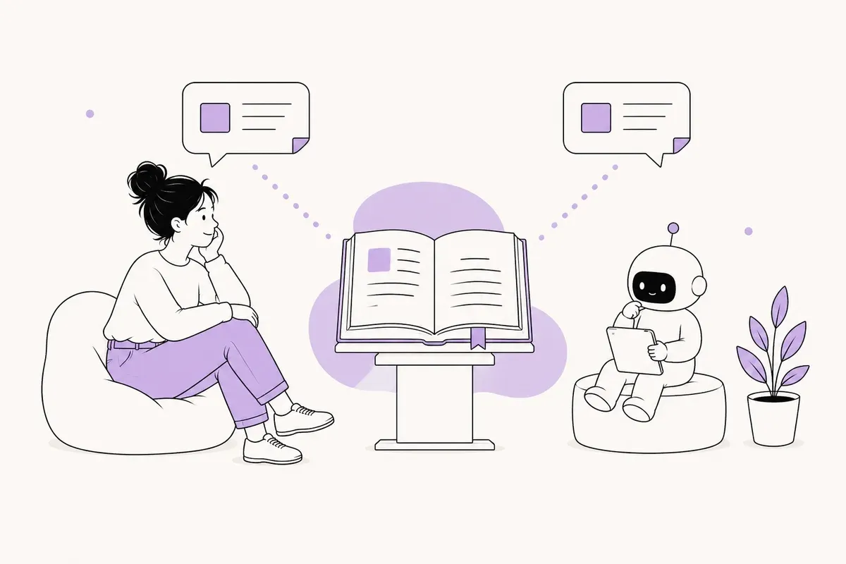 Открытая книга на подставке, от неё пунктиры к человеку и к боту с одинаковыми карточками ответа